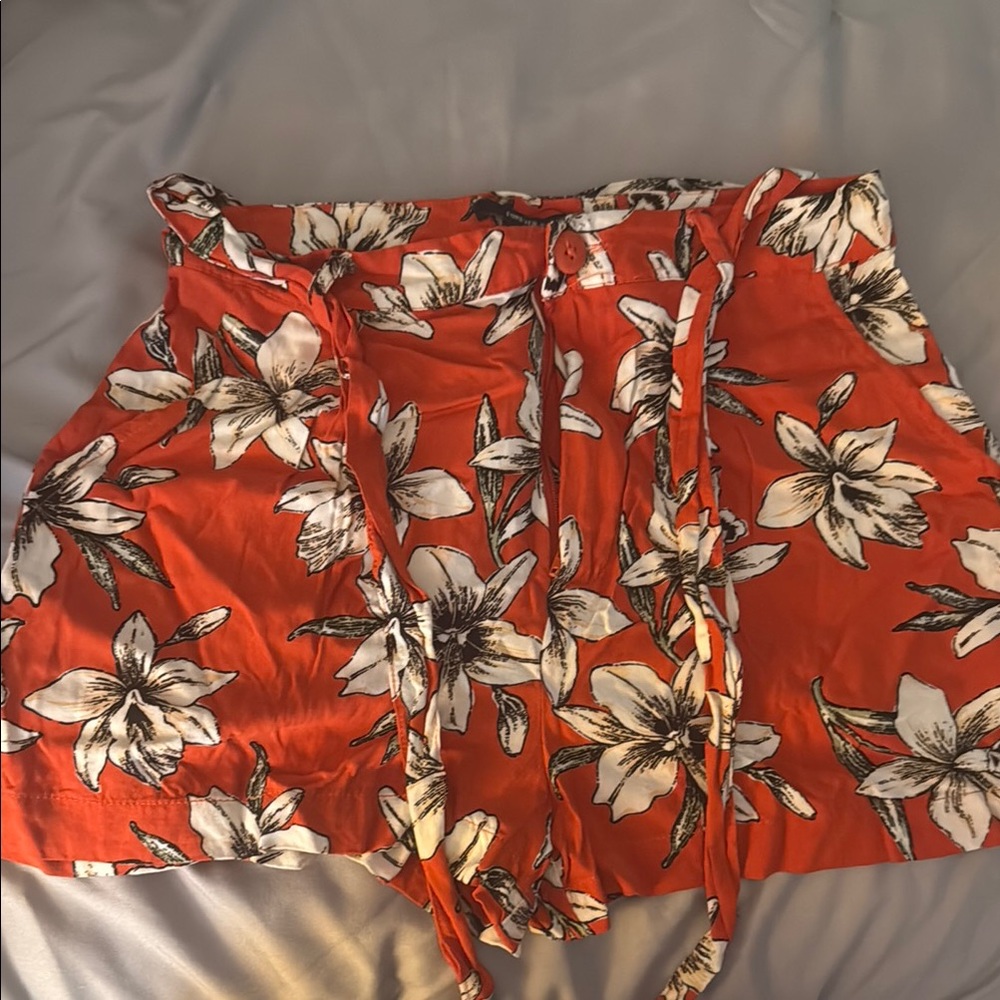 Forever 21 High Waist Orange and White Floral Shorts